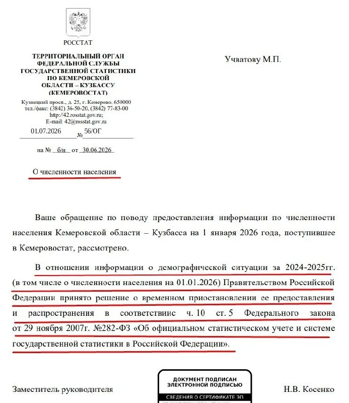 Правительство временно приостановило предоставление официальных данных о численности населения за 2024–2025 годы. Кемеровостат сообщил об этом в ответ на запрос общественника, сославшись на изменения в законе, давшие Кабмину право ограничивать доступ к статистике.