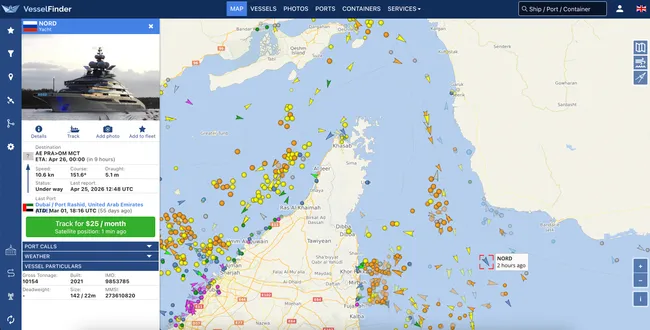 142-метровая суперъяхта «Норд», принадлежащая предпринимателю Алексею Мордашову, вышла из Дубая, прошла через Ормузский пролив и направляется в Оман. В этот же период через пролив проследовали несколько судов, находящихся под американскими санкциями.